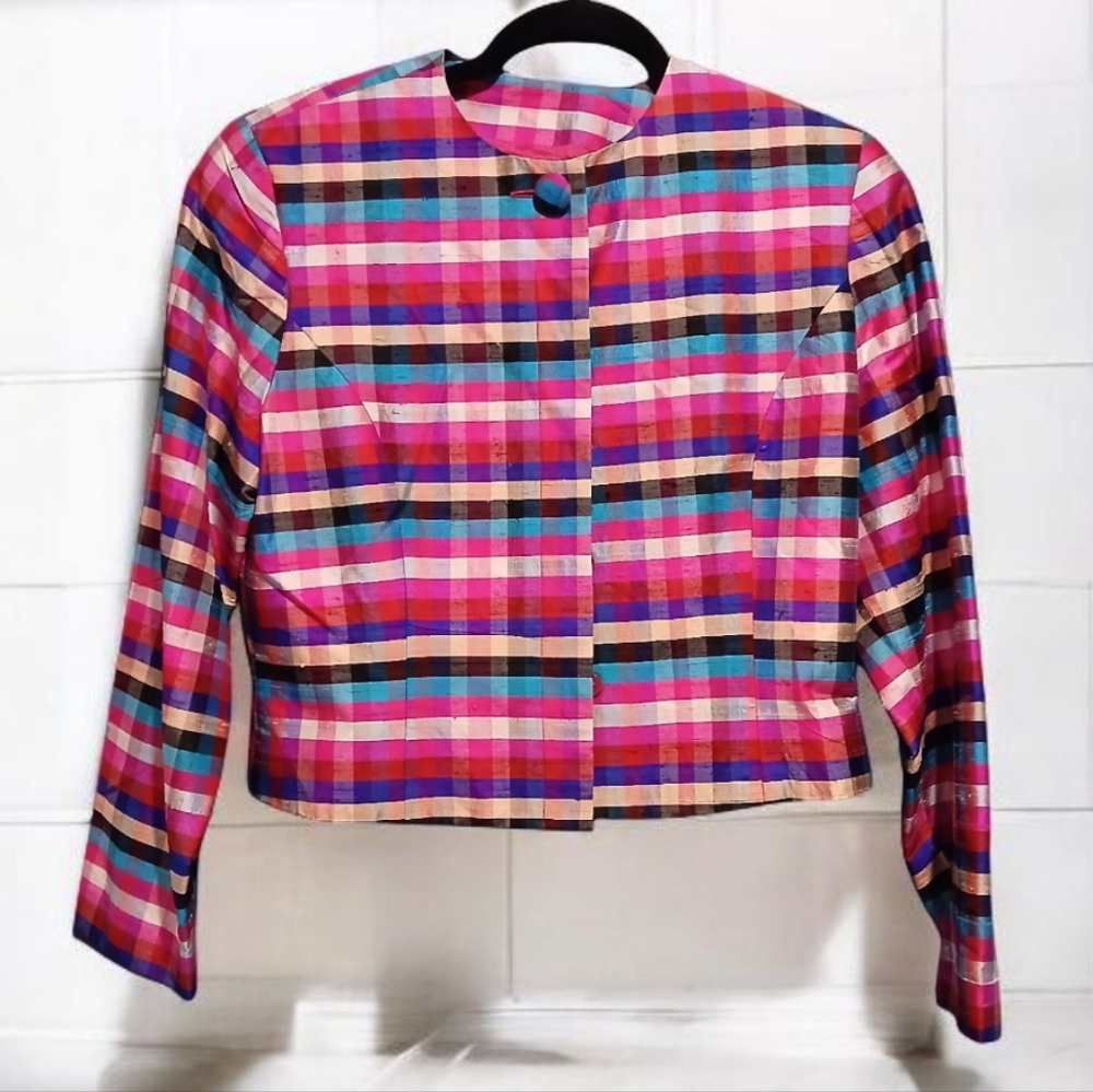 Doncaster 100% Silk Pink Plaid Jacket Blazer Womans Size 8